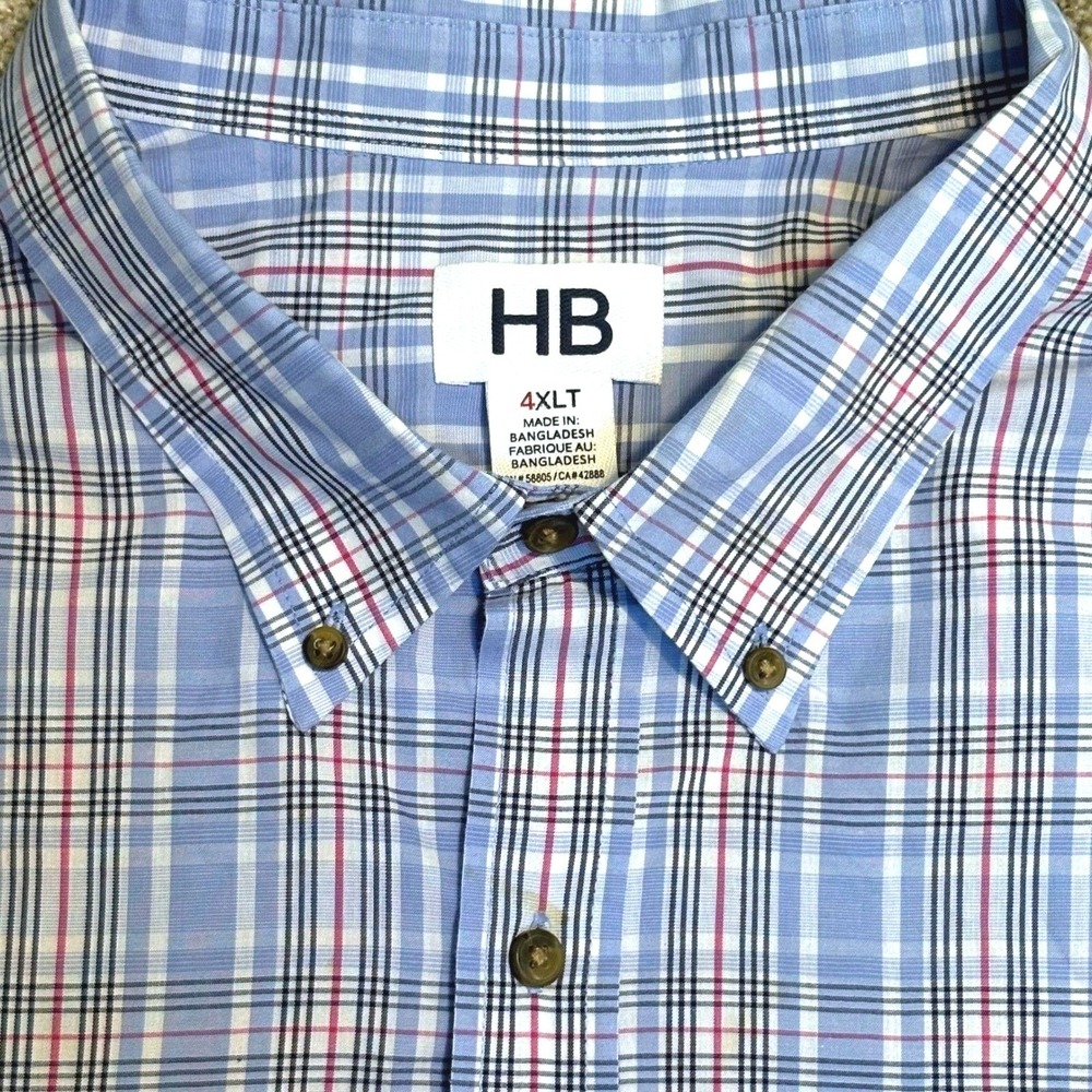 Mens 4XLT Button Down Shirt HB Blue Plaid Short Sleeve Big And Tall